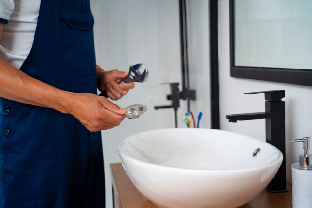 Plumber in the bathroom fixing sink