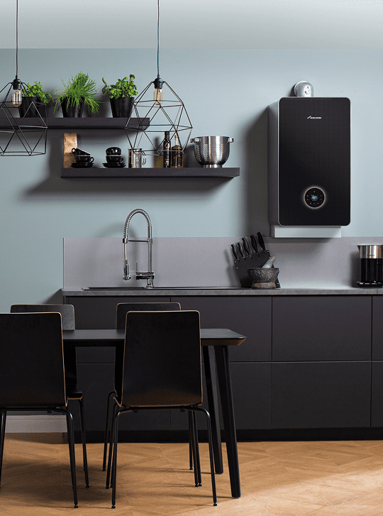 Modern energy-efficient Worcester Bosch boiler installation in a stylish matte black kitchen in Lansdown Crescent
